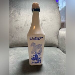 Vintage Vandermint Delft-Style milk glass liquor bottle with tulip lid  10“H